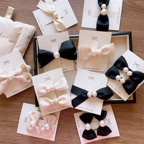 Beige Black Bow Hair Clip Duckbill Hairpin Princess Headdress Kid Accessory