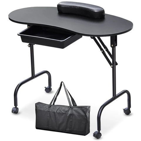 Folding Manicure Nail Table with Lockable Wheels & Carry Bag for Beauty Salon