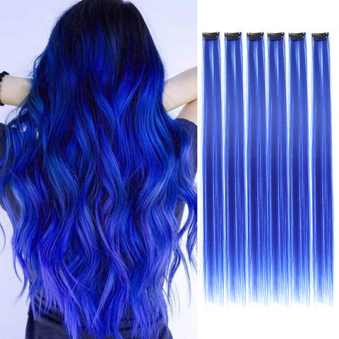 22" Clip-In Synthetic Hair Extensions, 6pcs Multi-Color, Straight Party Highlights – Royal Blue
