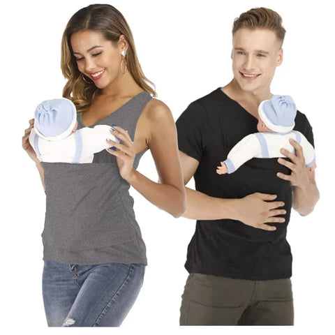 Baby Carrier Kangaroo Pocket T-Shirt - Summer Pregnancy Feeding Top - Nylon Cotton Short Sleeve Unisex