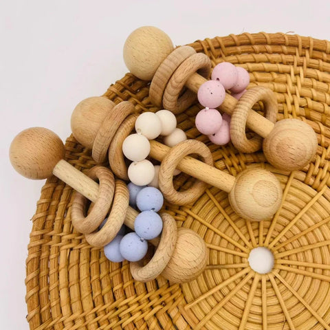 Baby Teething Rattle Toy with Wood & Silicone Beads - Shake & Play Infant Development