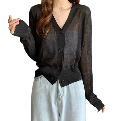 2024 Summer V Neck Women's Sheer Cardigan Sweater Casual Light Crop Top for Ladies
