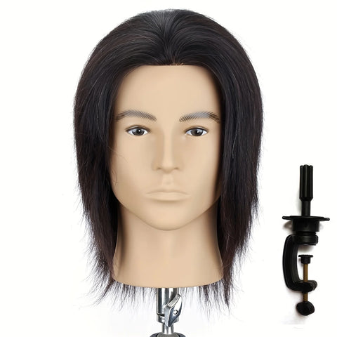 8" Real Human Hair Men's Mannequin Head for Hairdressing Practice with Clamp Stand