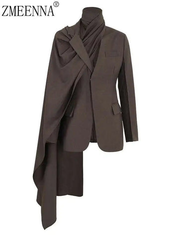 Elegant Women's Coffee Blazer with Irregular Scarf Lapel, Long Sleeve, Loose Fit for Spring/Autumn Fashion 2024