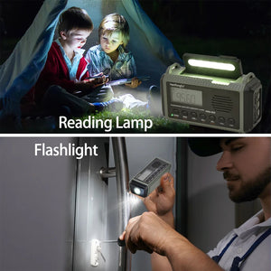 10,000mAh Solar Hand Crank Radio FM/AM/SW/WX with USB Charging, LED Flashlight, Reading Lamp, Power Bank Emergency Charger