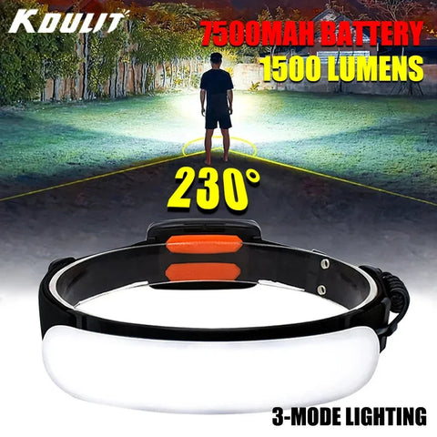 1500lm High Power LED Headlamp, USB Rechargeable COB Flashlight, 7500mAh Battery, Camping & Fishing Torch Lantern