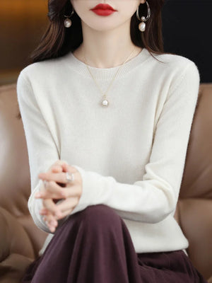 100% Merino Wool Women's O-neck Sweater Long Sleeve Pullover Jumper for Spring, Autumn, Winter Knitwear Top