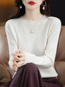 100% Merino Wool Women's O-neck Sweater Long Sleeve Pullover Jumper for Spring, Autumn, Winter Knitwear Top