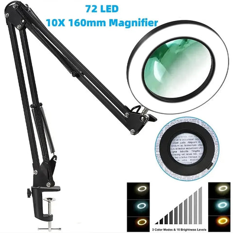 72LED 8x/10x Magnifying Glass Lamp, USB Rechargeable with 3 Color Lights, for Soldering, Repair, Skin Care, Crafting