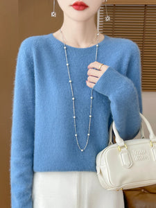 100% Merino Wool Women's O-neck Sweater Long Sleeve Pullover Jumper for Spring, Autumn, Winter Knitwear Top