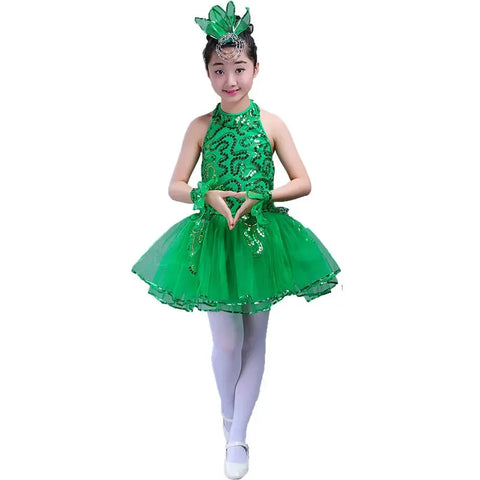 Children's Chinese Wind Dance Costume - Tree Leaf Performance Dress for Stage