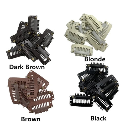 24 Pcs Snap Hair Extension Clips 9-Teeth Beige/Brown/Black for Wigs & Accessories