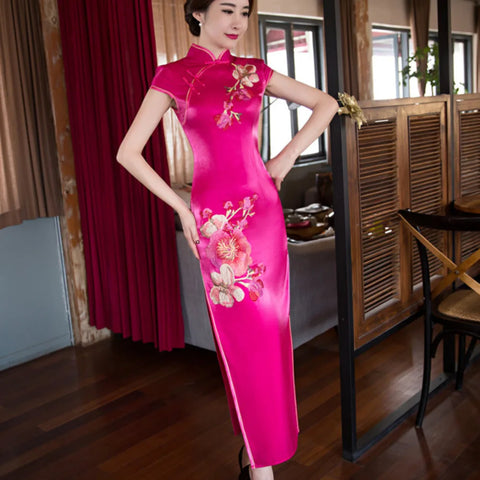 Elegant Women's Cheongsam Qipao Long Dress - Black/Red Embroidered Traditional Chinese Evening Party Gown