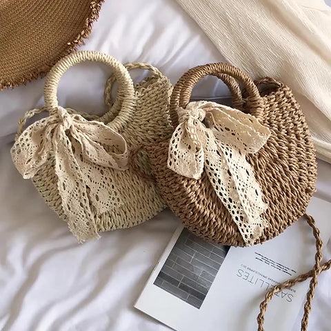 Handmade Rattan Straw Half-Round Crossbody Bag for Women - Summer Beach Messenger Handbag
