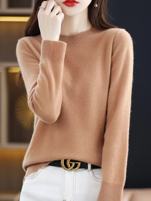 100% Merino Wool Women's O-neck Sweater Long Sleeve Pullover Jumper for Spring, Autumn, Winter Knitwear Top