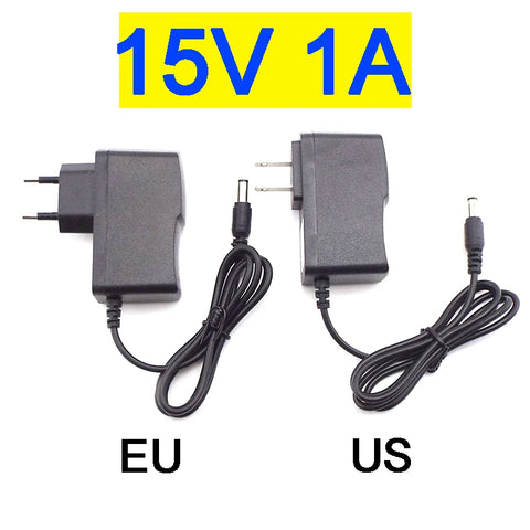 15V 1A AC/DC Power Adapter, 100V-240V Converter, LED Strip Light Charger, CCTV Switch, 5.5x2.5mm, US/EU Plug