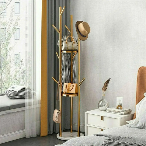 Freestanding Marble Coat Rack with 3 Shelves & 9 Hooks for Coats, Hats, Bags
