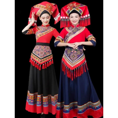 2023 Traditional Chinese Ethnic Zhuang Women's Costume Dance Skirt Set