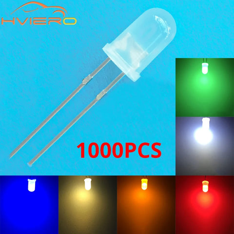 1000pcs 5mm Diffused LED Diodes, White/Red/Green/Blue/Yellow/Warm Light, 2-Pin 6000-6500K