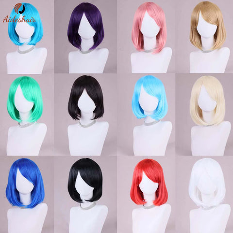 Black Diagonal Bangs Bob Wig Short Mid-Part Heat Resistant Synthetic Hair Cosplay Party Wig 12"