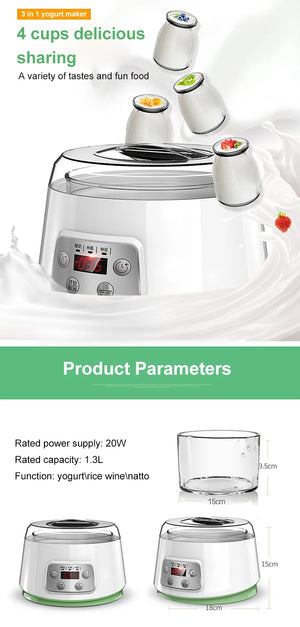 1.3L Automatic 3-in-1 Yogurt, Rice Wine, Natto Maker with Glass Liner and Constant Temperature Control