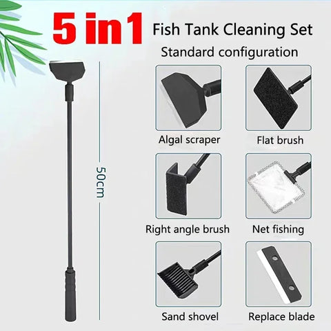 Aquarium Cleaner Kit: Algae Scraper, Fish Net, Sponge, Brush Tools