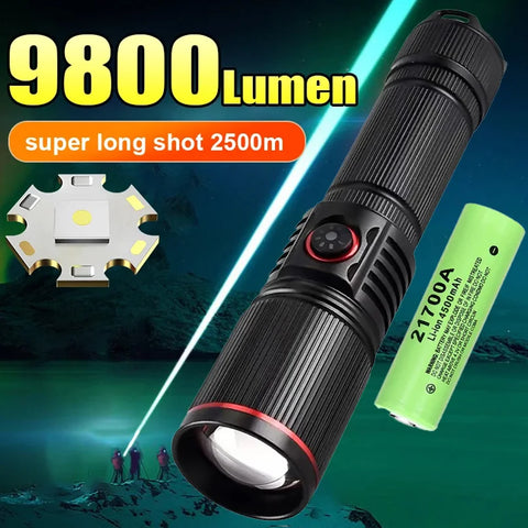 2500m Powerful LED Flashlight 9800lm Super Bright Torch Rechargeable Zoomable 18650 Battery Long Range Camping Lantern