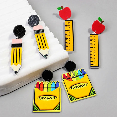 Acrylic Apple Ruler Pencil Dangle Earrings for Women, Teacher's Day Cartoon Crayon Jewelry