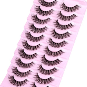 10 Pairs Wispy D Curl Faux Mink Lashes, Clear Band, Natural Fluffy Style