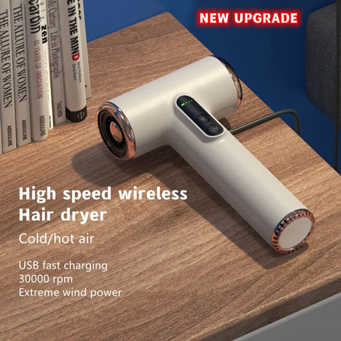 Compact Wireless Hair Dryer 30000 RPM High Speed Cool/Hot Air USB Rechargeable for Home, Dorm, Travel