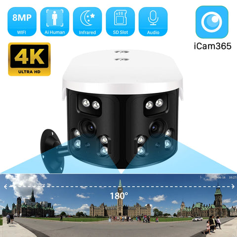 4K 8MP HD WiFi IP Camera Dual Lens 180° Wide View Panoramic Outdoor Security with AI Human Detection