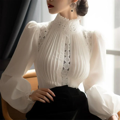 2024 Spring Women's Patchwork Lace Blouse Long Sleeve Stand Collar Korean Fashion Solid Color Tops