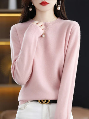 100% Merino Wool Women's O-neck Sweater Long Sleeve Pullover Jumper for Spring, Autumn, Winter Knitwear Top