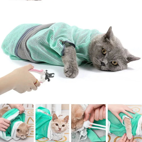 Cat Grooming & Bathing Mesh Bag - Adjustable Restraint for Nail Trimming & Anti-Scratch