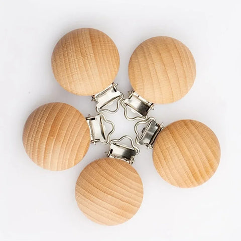 5-Pack Natural Beech Wood Pacifier Clips 30mm, Baby Teether Chew, Round Dummy Holder, Food Grade