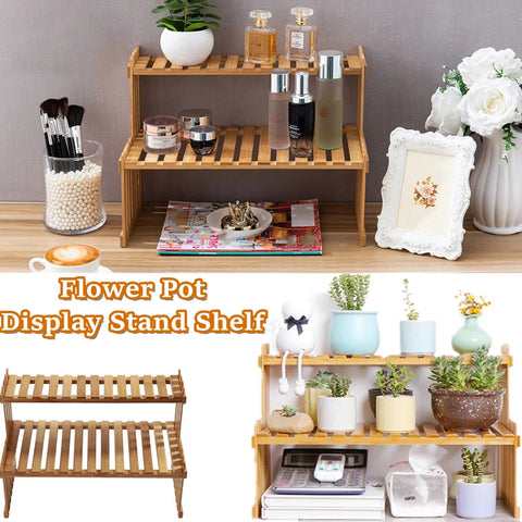 Bamboo 2-Tier Indoor Plant Stand & Shelf Organizer for Desk Office Kitchen