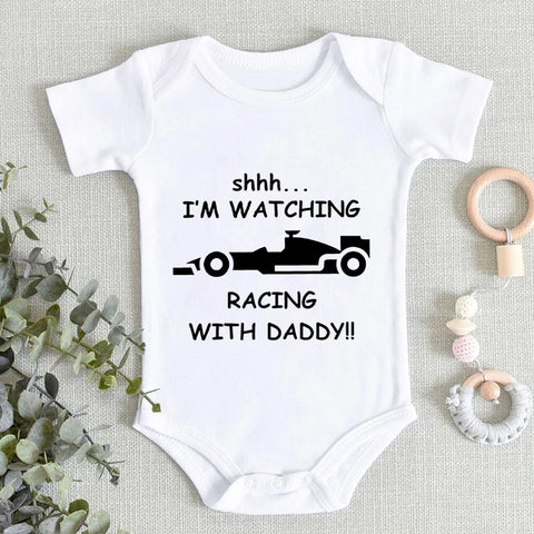 Baby Boy Racing Romper - "Watching Racing With Daddy" Print Short Sleeve 100% Cotton Jumpsuit for Newborns