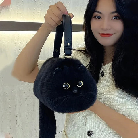Cute Cat Plush Crossbody Bag - Kawaii Animal Fur Circular Handbag for Women Harajuku Style, Soft and Sweet Black Design