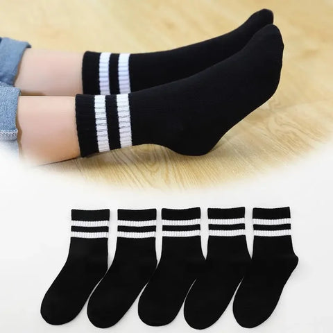 5 Pairs Kids Cotton School Socks - Soft, Breathable, Grey/Black/White Casual Sports Socks
