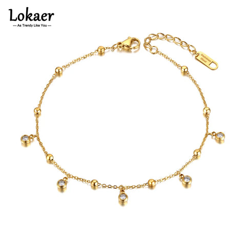 Gold Plated Stainless Steel Cz Crystal Charm Ankle Bracelet Foot Jewelry