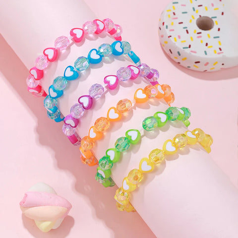 Colorful Heart Beads Elastic Bracelets Set (6pcs) for Daughter Friendship Party Jewelry Gifts