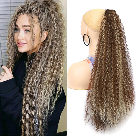 24" Clip-In Curly Ponytail Extension, Thick Fluffy Synthetic Hairpiece for Women, Blonde Highlights