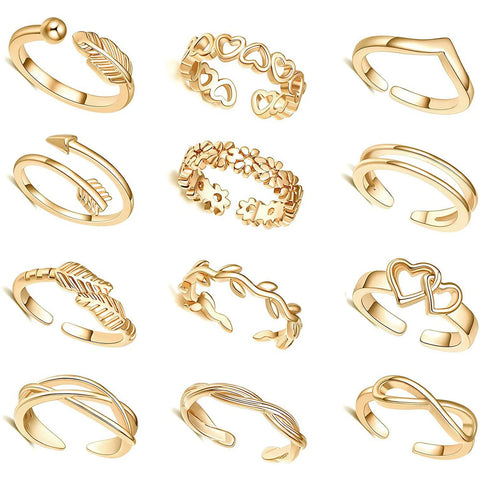 Adjustable Toe Rings Set for Women - Gold/Silver Metal Jewelry, 7/10/12pcs, Summer Beach Barefoot Fashion Foot Rings