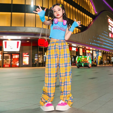 Girl's Yellow Plaid Crop Top & Cargo Pants Hip Hop Dance Outfit Summer Jazz Performance Wear