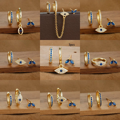 Blue Zircon Evil Eye Earrings Set 3pcs, 18k Gold Plated Stainless Steel Hoops for Cartilage Piercing
