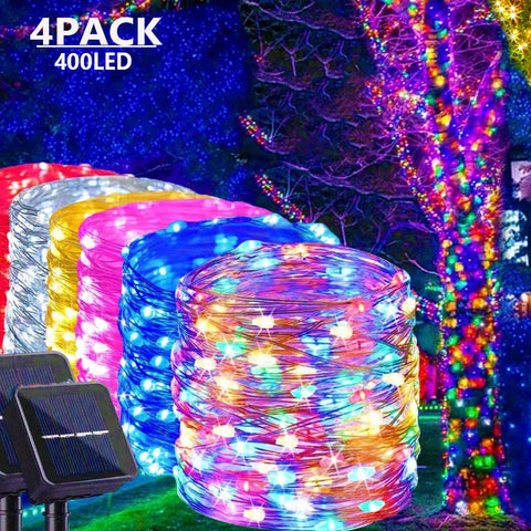 4-Pack Solar Fairy String Lights 400 LED Outdoor Waterproof Copper Garland for Holiday Christmas Party Garden Decor