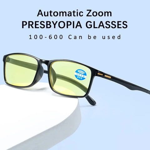 Automatic Adjustable Zoom Reading Glasses 100-600 Range, Anti-Blue Light, Night Vision, Hyperopia, Transparent