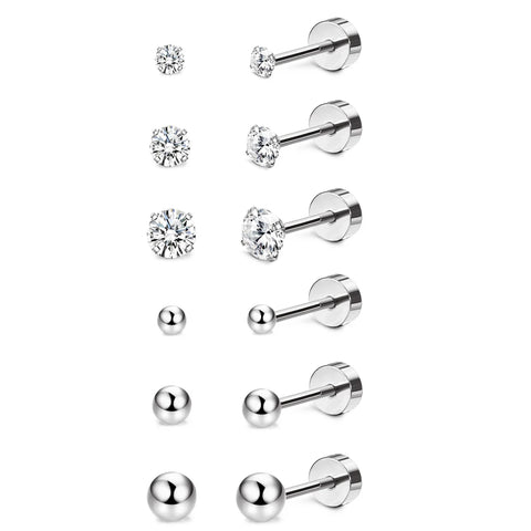 18g Stainless Steel CZ Ball Flat Back Cartilage Helix Stud Earrings Pair
