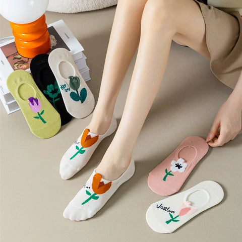 5 Pairs Women's Spring Summer Thin Candy Color Flower Boat Socks - Cute Cartoon Japanese Shallow Mouth Invisible Socks