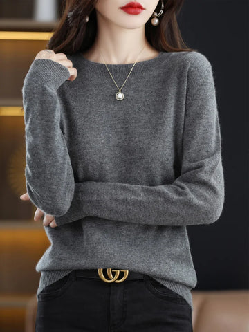 100% Merino Wool Women's O-neck Sweater Long Sleeve Pullover Jumper for Spring, Autumn, Winter Knitwear Top